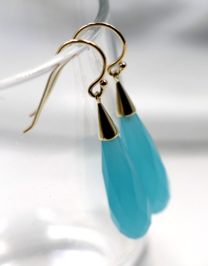 Genuine 9ct 9k Yellow Gold Briolette Turquoise Obsidian Teardrop Earrings