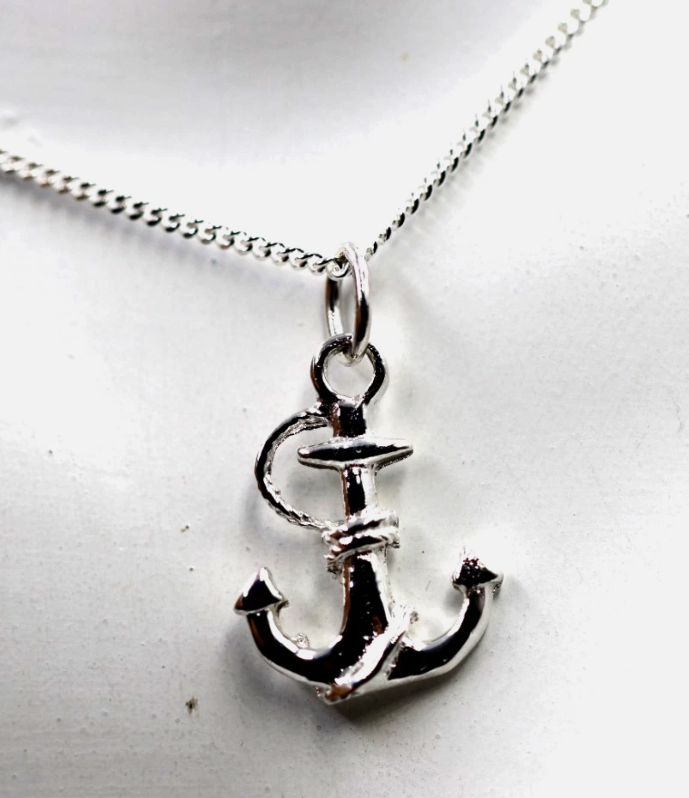 Sterling Silver 925 Anchor Pendant + Curb Necklace