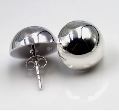 Genuine Sterling Silver 925 Half 14mm Dome Ball Round Earrings Studs