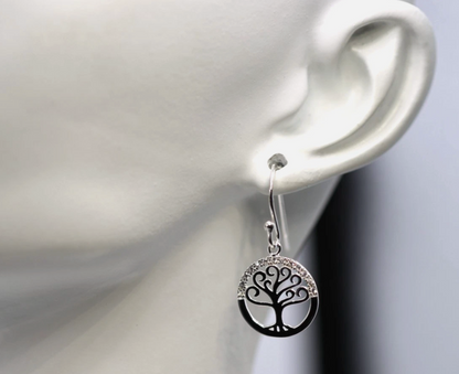 Sterling Silver 925 CZ Tree of Life Hook Drop Earrings 13mm
