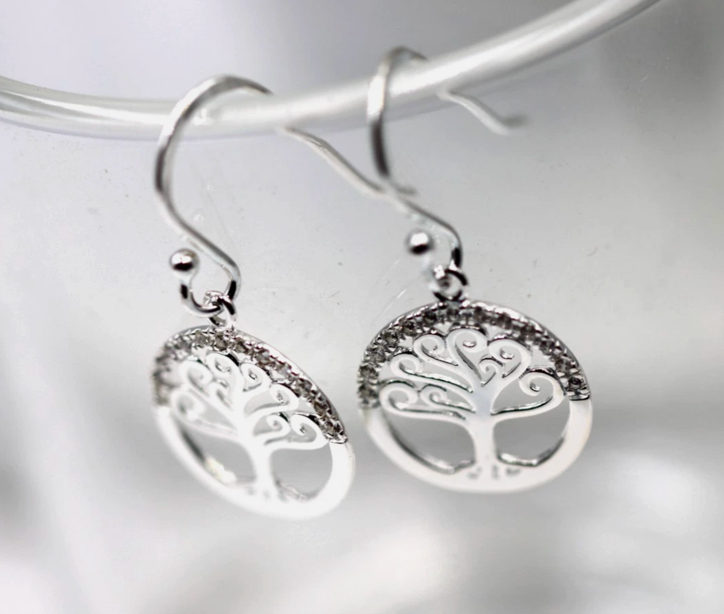 Sterling Silver 925 CZ Tree of Life Hook Drop Earrings 13mm