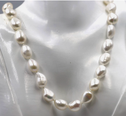 Genuine Sterling Silver 925 Cultured 10mm White Baroque Pearl Necklace- 18" 45cm