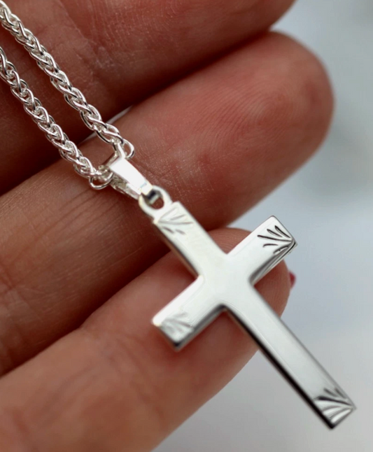 Genuine Sterling Silver 925 Fancy Cross Pendant + Spinga Chain Necklace