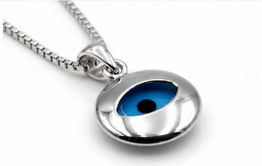Sterling Silver 925 Greek Mati Nazar Lucky Evil Eye Charm Pendant + Box Chain