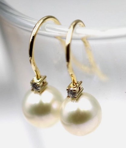 Genuine 9ct 9k 375 Yellow Gold Diamond Set Cultured Pearl Ball Drop Earrings