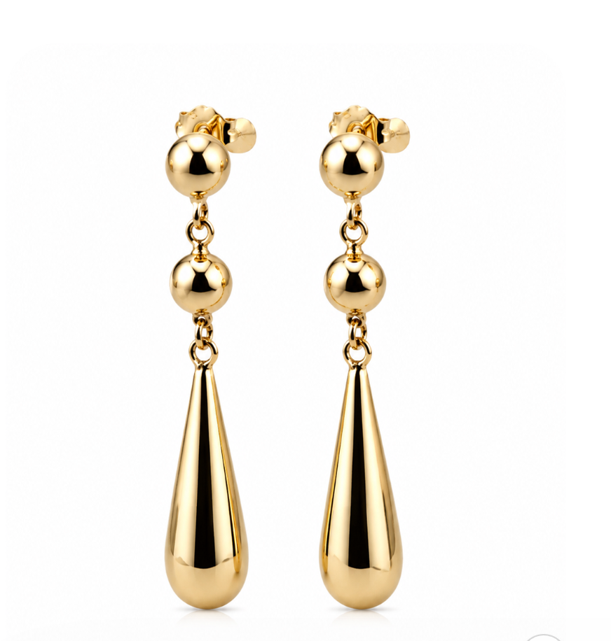 Genuine 9ct 9k 375 Yellow, Rose or White Gold Teardrop Tear Drop Double Ball Stud Earrings