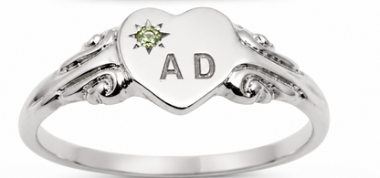 Size J,  August Birthstone 9ct 9k Yellow, Rose or White Gold 375 Green Peridot Stone Heart Signet Ring + Engraving