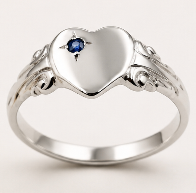 Genuine 9ct 9k 375 Yellow, Rose or White Gold Blue Sapphire Heart Signet Ring