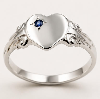 Genuine 9ct 9k 375 Yellow, Rose or White Gold Blue Sapphire Heart Signet Ring