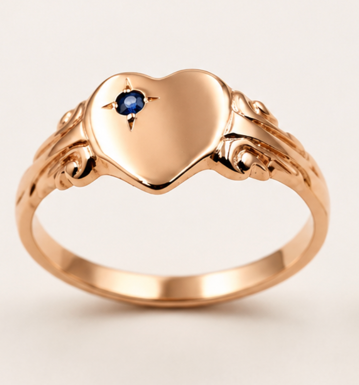 Genuine 9ct 9k 375 Yellow, Rose or White Gold Blue Sapphire Heart Signet Ring