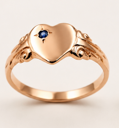 Genuine 9ct 9k 375 Yellow, Rose or White Gold Blue Sapphire Heart Signet Ring