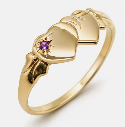 Size Y 9ct Yellow, Rose or White Gold 375 Amethyst (Birthstone Of February) Double Heart Signet Ring