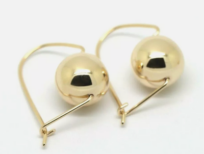 Genuine 9ct Yellow, Rose or White Gold 14mm Euro Ball Plain Drop Large Earrings 1mm size hooks