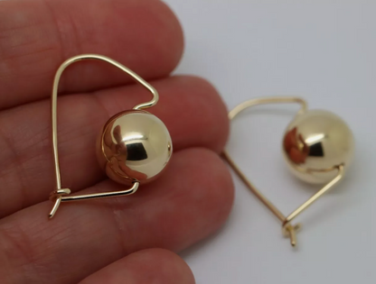 Genuine 9ct Yellow, Rose or White Gold 14mm Euro Ball Plain Drop Large Earrings 1mm size hooks