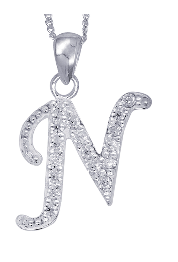 Sterling Silver Cubic Zirconia Initial Pendants A to Z with 45cm + 5cm Extender Chain