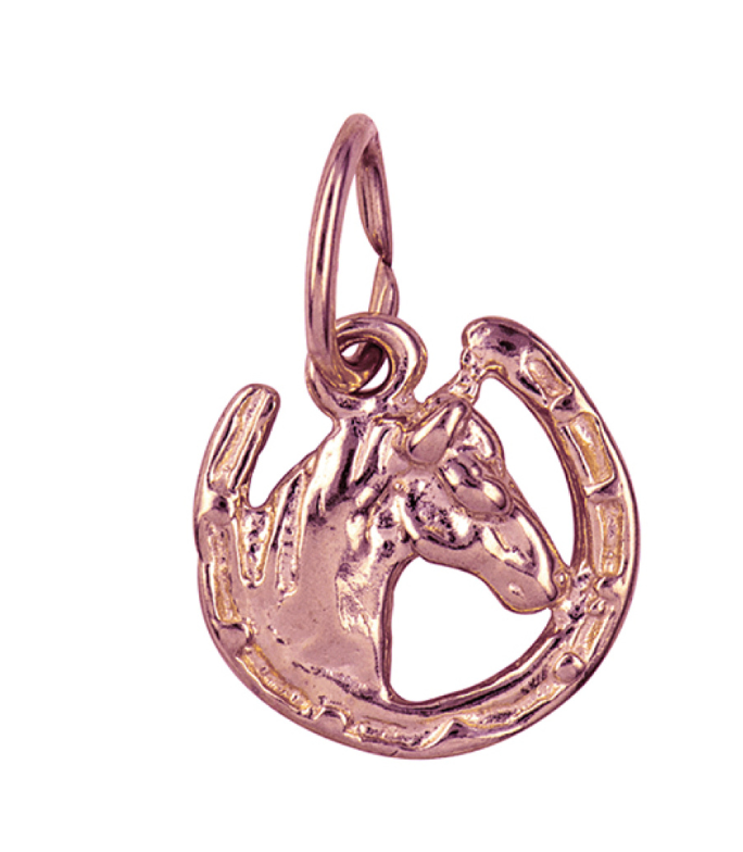 Genuine 9ct Yellow or Rose Gold Small Horse-head in Horseshoe Pendant or Charm