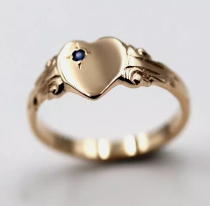 Genuine 9ct Yellow, Rose or White Gold Blue Sapphire Heart Signet Ring