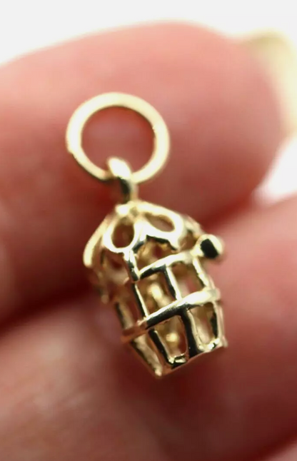 Kaedesigns Small 9ct Yellow Gold Solid Bird Cage with Bird Pendant or Charm