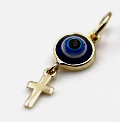 Genuine 9ct Yellow, Rose or White Gold Greek Mati Nazar Lucky 7mm Evil Eye + Cross Charm or Pendant