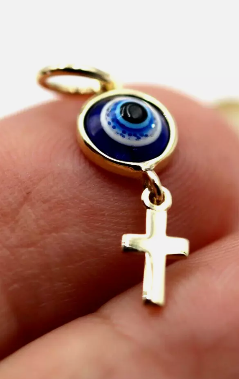 Genuine 9ct Yellow, Rose or White Gold Greek Mati Nazar Lucky 7mm Evil Eye + Cross Charm or Pendant