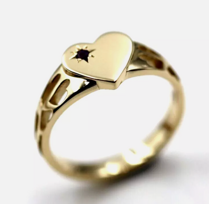 Genuine 9ct Yellow, Rose or White Gold 375 Amethyst (Birthstone Of February) Etched Heart Signet Ring