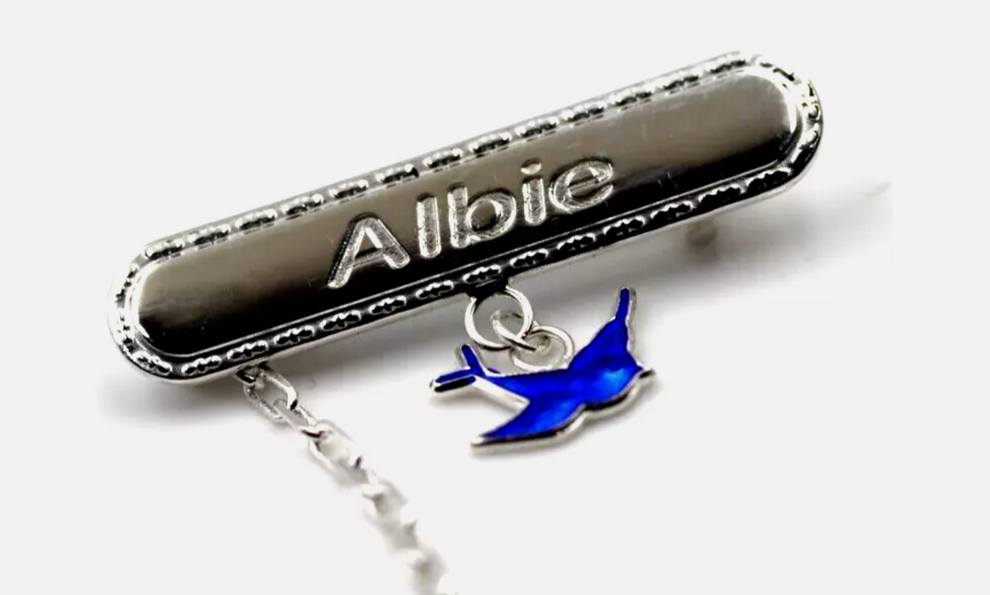 Sterling Silver 925 Enamel Bluebird ID Name Baby Brooch, Free Laser Engraving