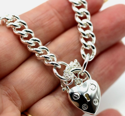 Sterling Silver 925 Round Curb Heart Screw Padlock Bracelet 19cm or 21cm 7mm wide