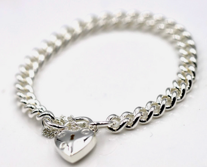 Sterling Silver 925 Round Curb Heart Screw Padlock Bracelet 19cm or 21cm 7mm wide