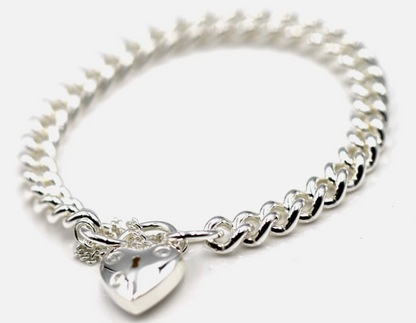 Sterling Silver 925 Round Curb Heart Screw Padlock Bracelet 19cm or 21cm 7mm wide