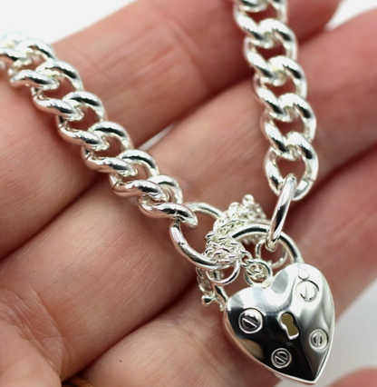 Sterling Silver 925 Round Curb Heart Screw Padlock Bracelet 19cm or 21cm 7mm wide