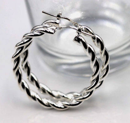 Genuine Large Sterling Silver 925 38mm Round Twist Twisted  Hoop Earrings