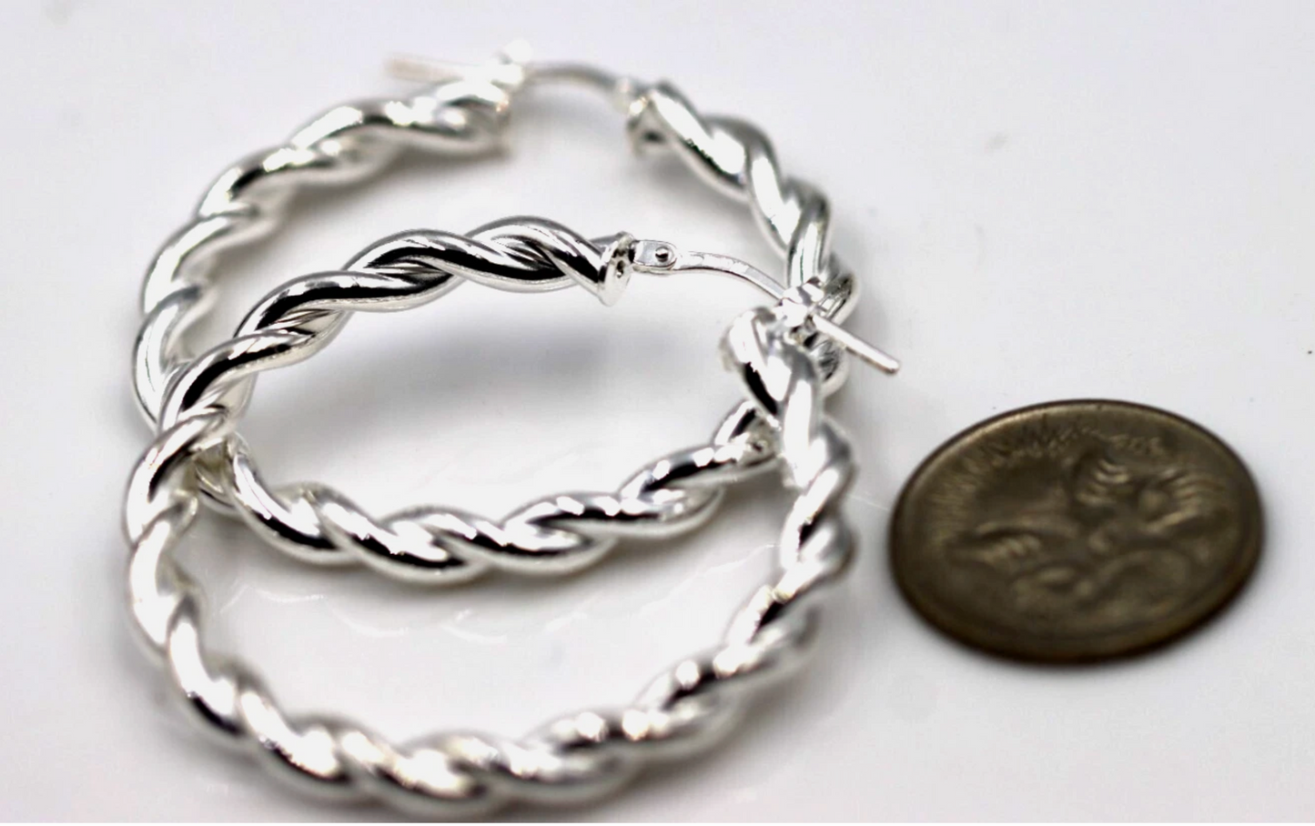 Genuine Large Sterling Silver 925 38mm Round Twist Twisted  Hoop Earrings