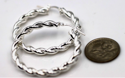 Genuine Large Sterling Silver 925 38mm Round Twist Twisted  Hoop Earrings