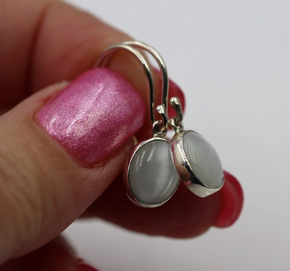 Genuine Sterling Silver Oval Bezel White Cat's Eye Hook Earrings