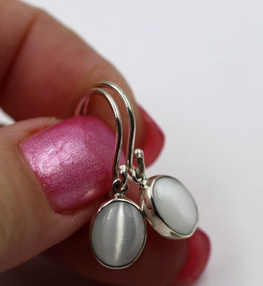 Genuine Sterling Silver Oval Bezel White Cat's Eye Hook Earrings