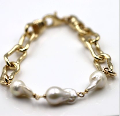 Genuine Solid 9ct 9K Yellow Gold Solid Baroque Pearl Heavy Bracelet 21.5cm