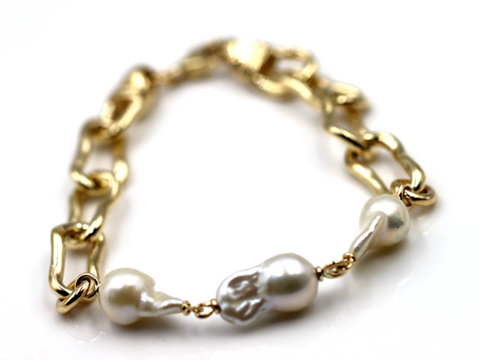 Genuine Solid 9ct 9K Yellow Gold Solid Baroque Pearl Heavy Bracelet 21.5cm