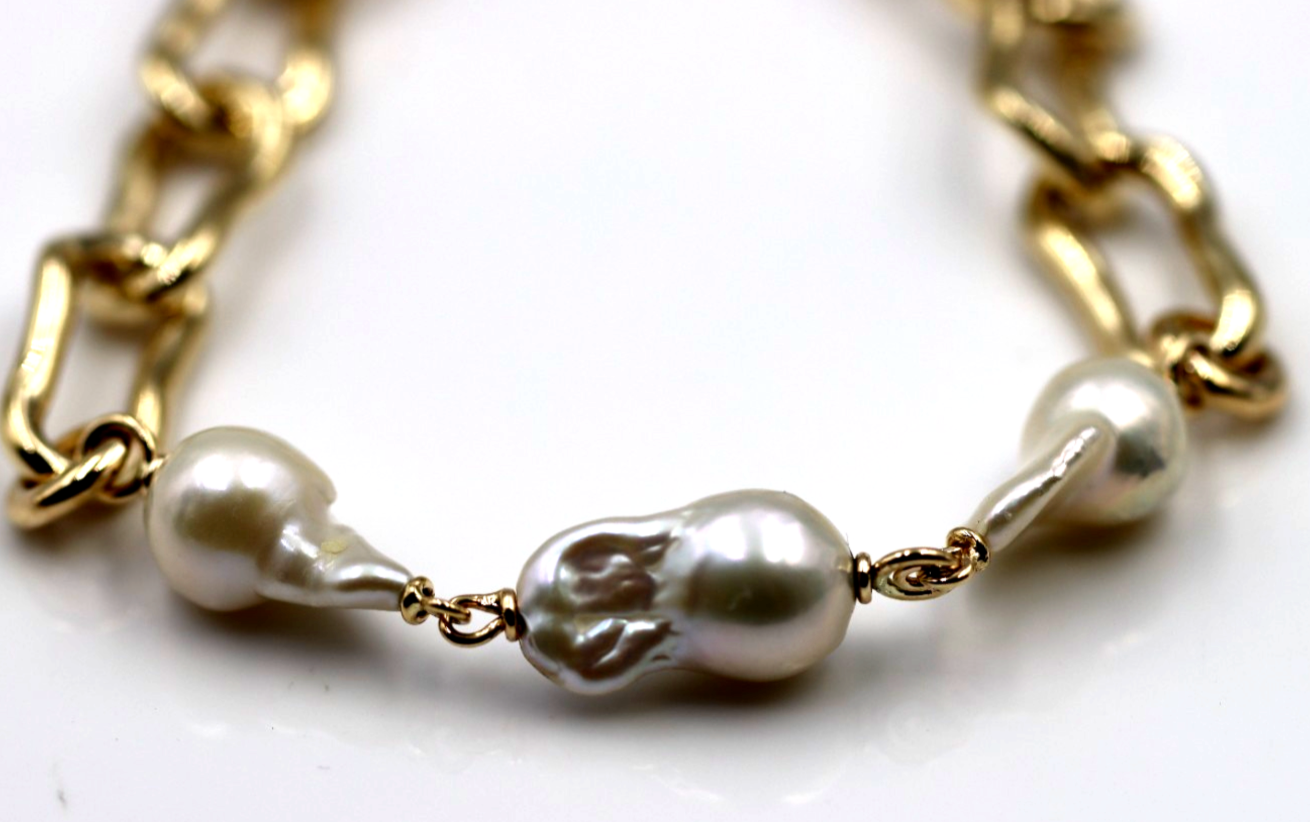 Genuine Solid 9ct 9K Yellow Gold Solid Baroque Pearl Heavy Bracelet 21.5cm