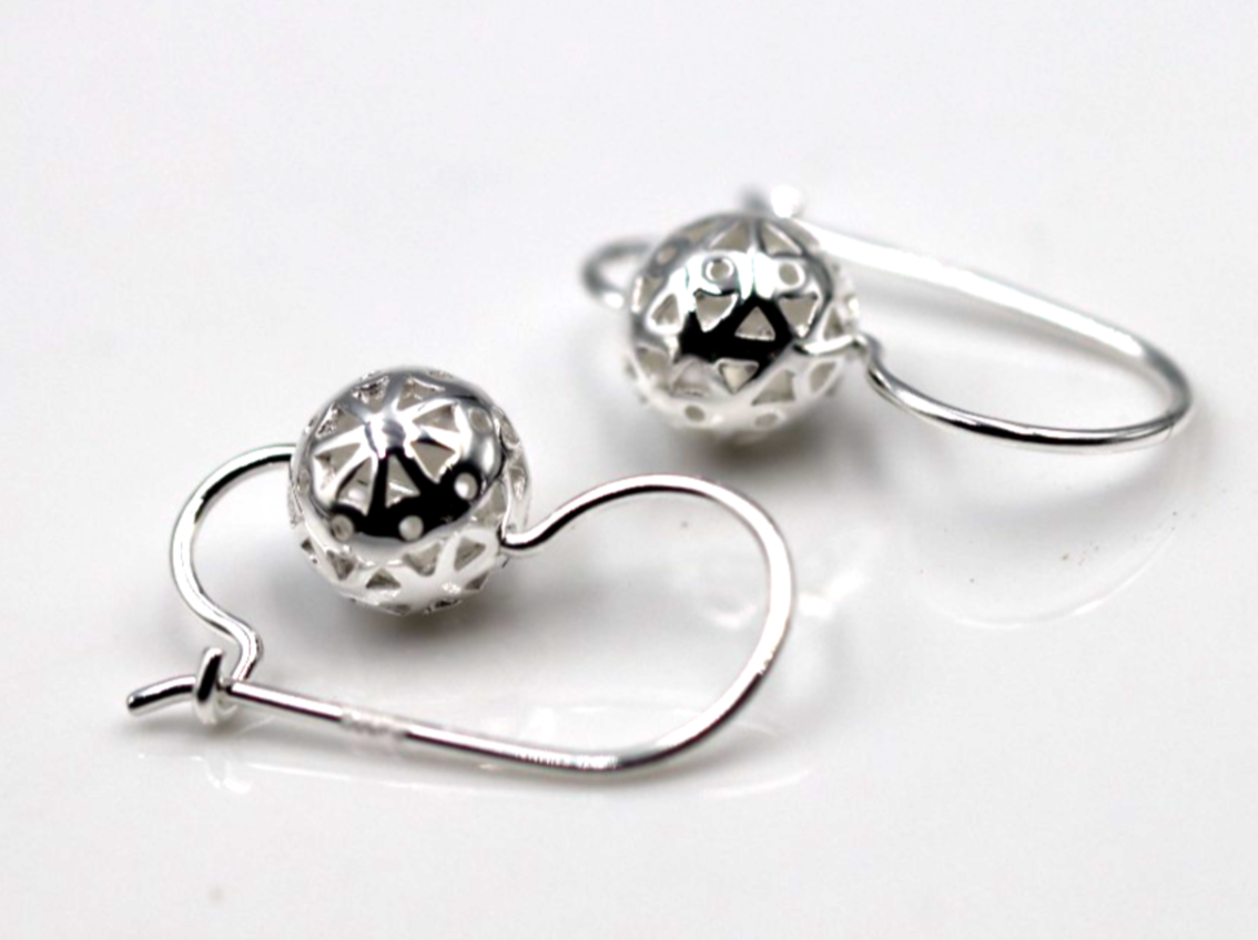 Genuine Sterling Silver 925 8mm Filigree Euro Ball Earrings