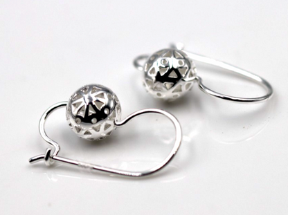 Genuine Sterling Silver 925 8mm Filigree Euro Ball Earrings