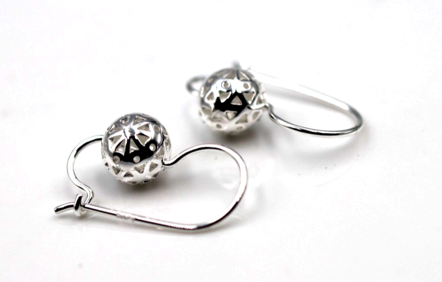 Genuine Sterling Silver 925 8mm Filigree Euro Ball Earrings