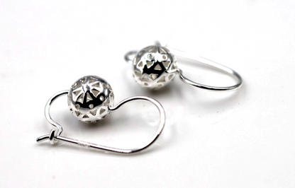 Genuine Sterling Silver 925 8mm Filigree Euro Ball Earrings