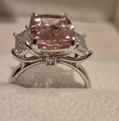 Genuine 18ct 18K White Gold - Size N - Pink Morganite Cushion 14x9mm (5.38cts) + Princess Cut Diamonds Lab Grown 7mm x 4mm Dress Ring