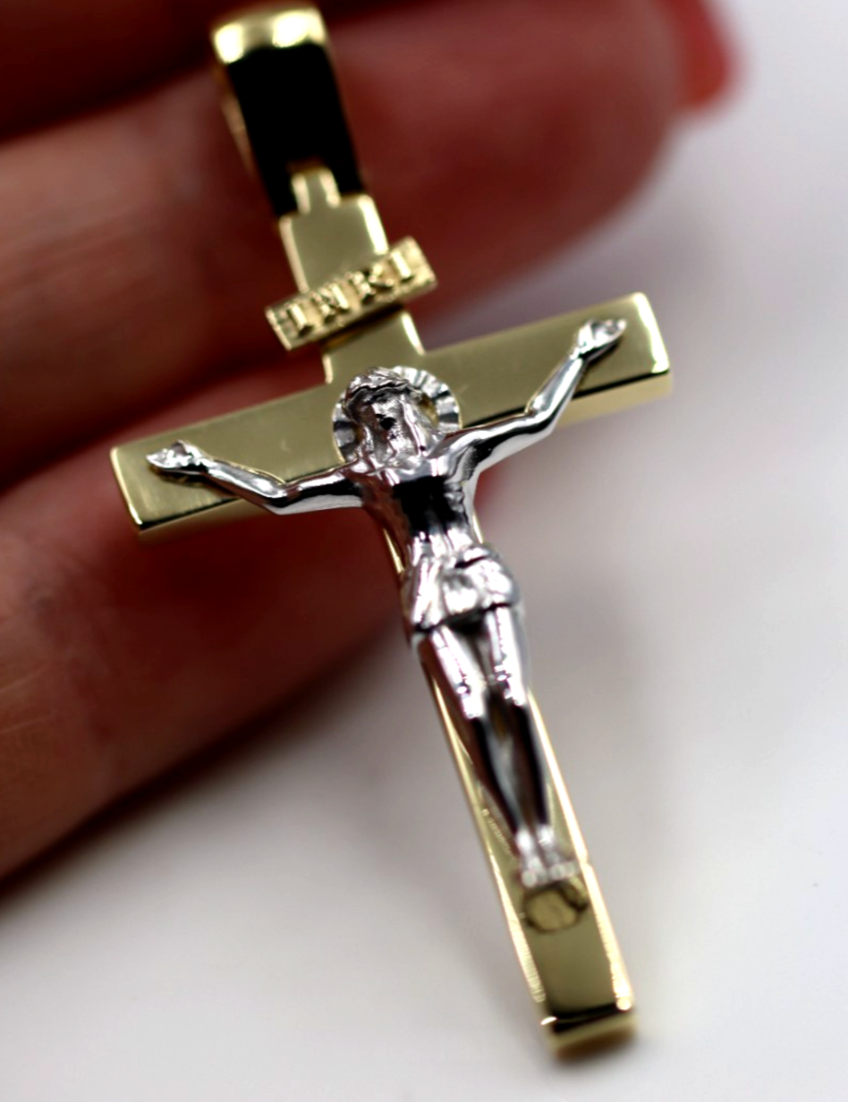 Genuine 18ct 750 Yellow & White Gold Full Solid Heavy Crucifix Cross Pendant
