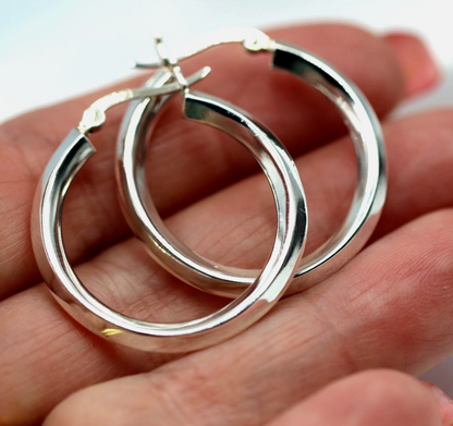 Genuine Sterling Silver 925  Hoops Earrings Plain Hollow 30mm