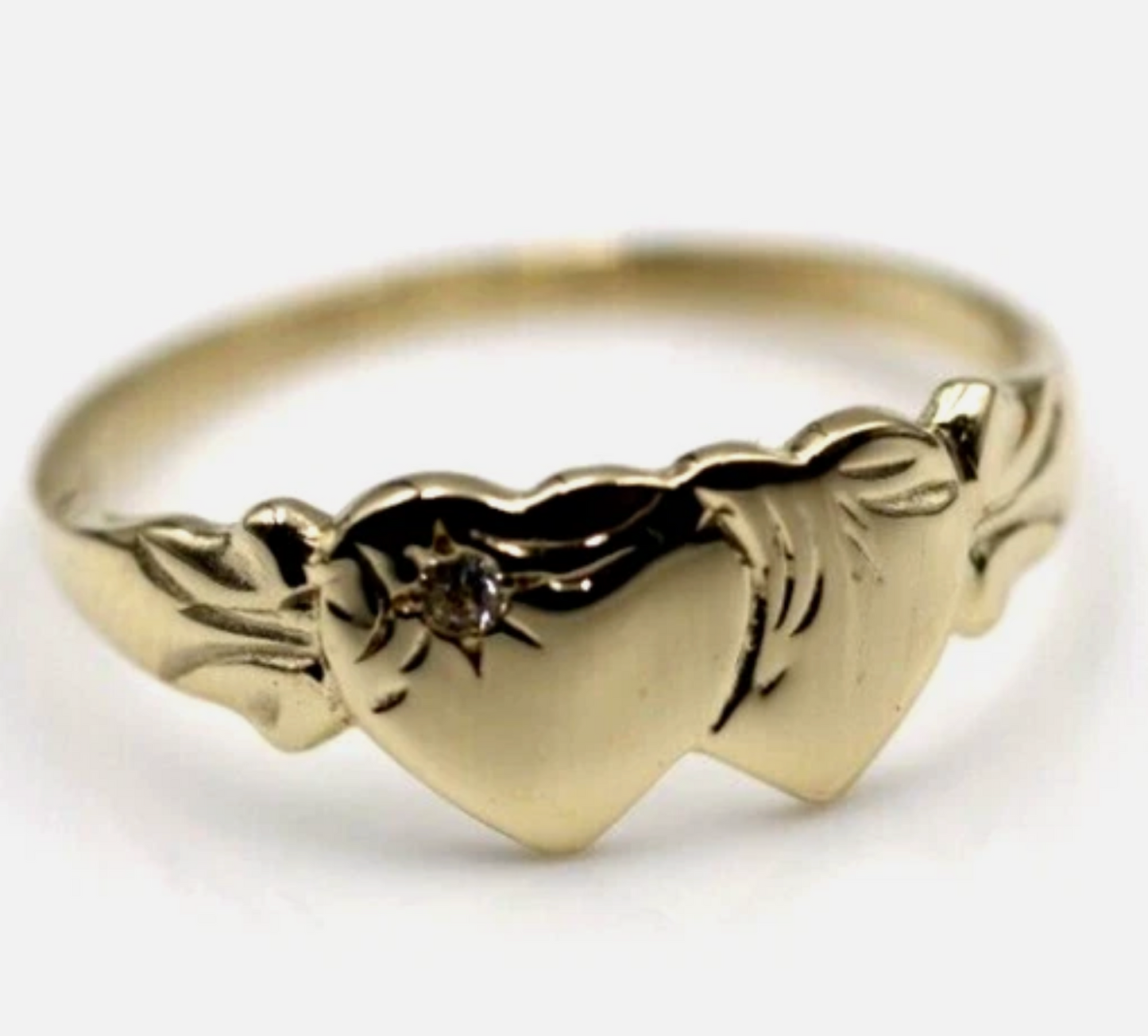 Genuine 9ct 9k Yellow Gold Double Heart Lab Grown Diamond Signet Ring (choose your ring size F to 0)