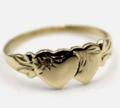 Genuine 9ct 9k Yellow Gold Double Heart Lab Grown Diamond Signet Ring (choose your ring size F to 0)