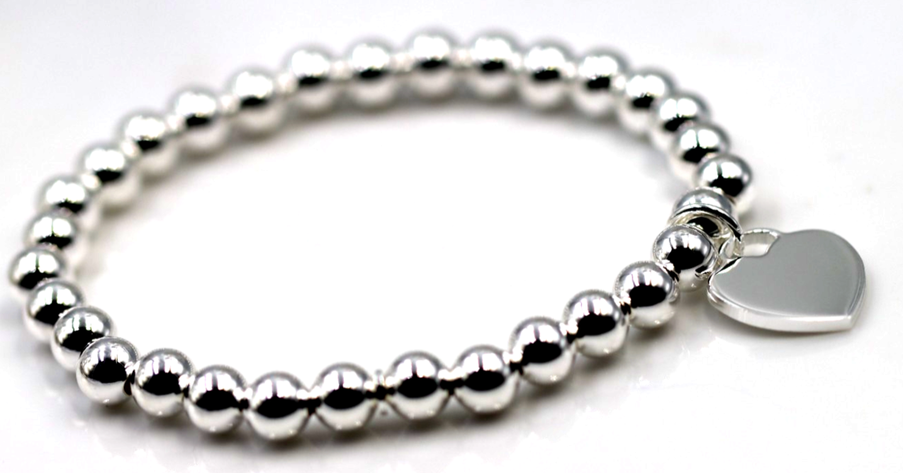 Sterling Silver 925 6mm Bead Ball Elastic Bracelet with 14mm Heart