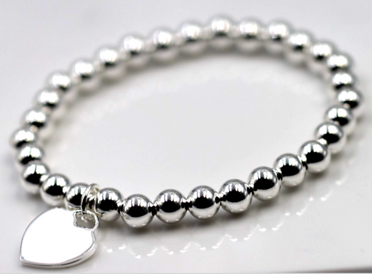Sterling Silver 925 6mm Bead Ball Elastic Bracelet with 14mm Heart