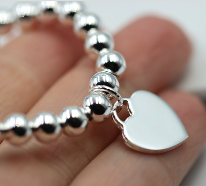 Sterling Silver 925 6mm Bead Ball Elastic Bracelet with 14mm Heart